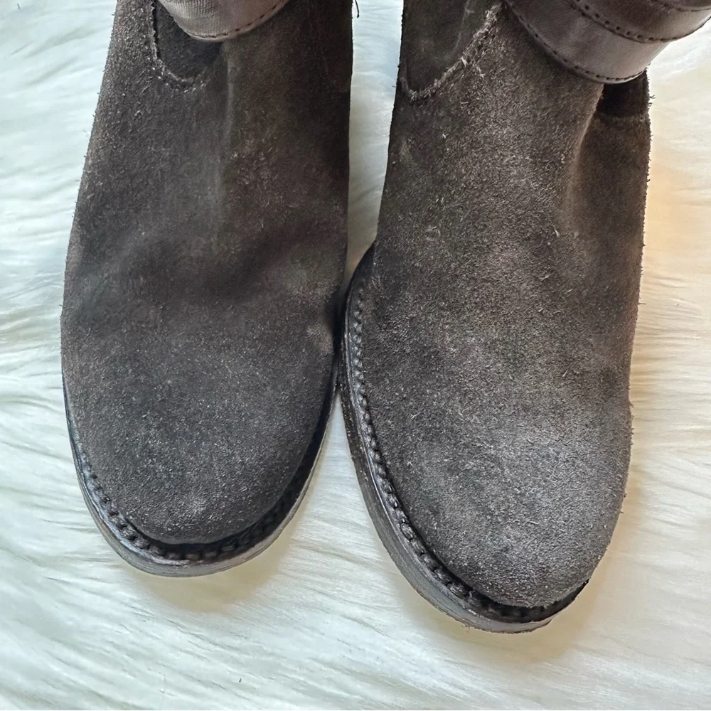 Frye Jane Strappy Oiled Suede Leather Heeled Short Boot Brown Women Size 5 1/2